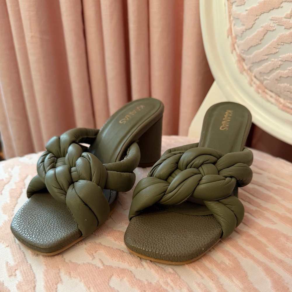 Kaanas Olive Braided Leather Block Heel Sandals